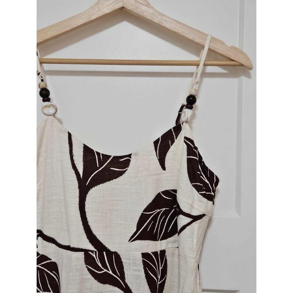 Able The Label Linen Blend Maxi Dress M Brown Cream Leaf Print Beaded NWT Boho - Picture 3 of 8